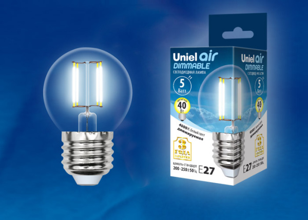Лампа светодиодная диммируемая форма шар UL-00002871 LED-G45-5W/NW/E27/CL/DIM GLA01TR