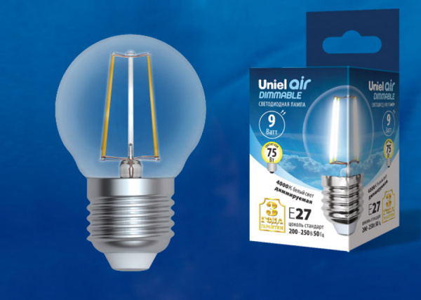Лампа светодиодная диммируемая форма шар UL-00005194 LED-G45-9W/4000K/E27/CL/DIM GLA01TR